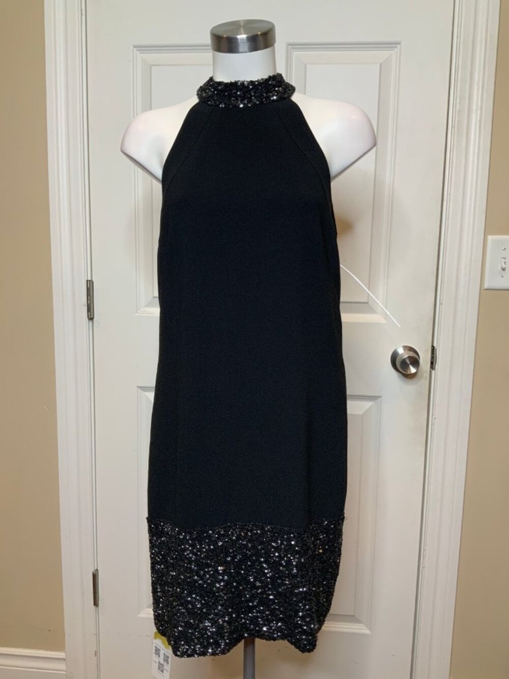 Theia Jewel Neck Sequin Trim Mini Little Black Dress $795, Size M